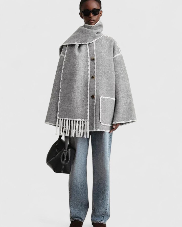Contrast-trim scarf jacket in light gray for women