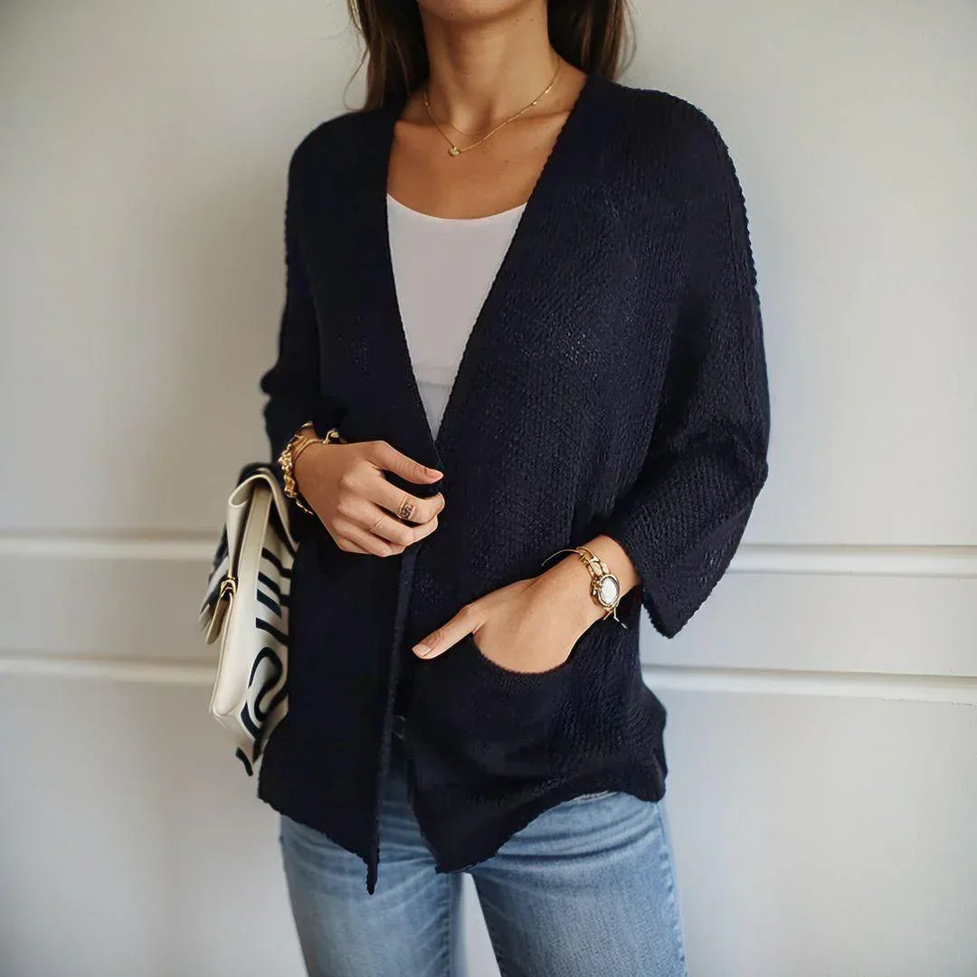 Crochet pocket cardigan in green, navy blue, khaki, white, beige, black and gray for women