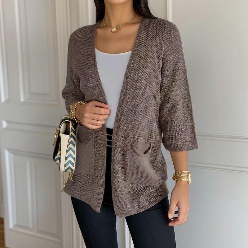 Crochet pocket cardigan in green, navy blue, khaki, white, beige, black and gray for women