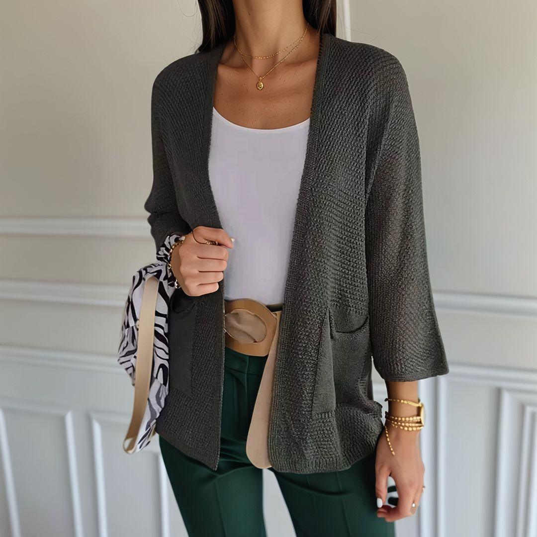 Crochet pocket cardigan in green, navy blue, khaki, white, beige, black and gray for women