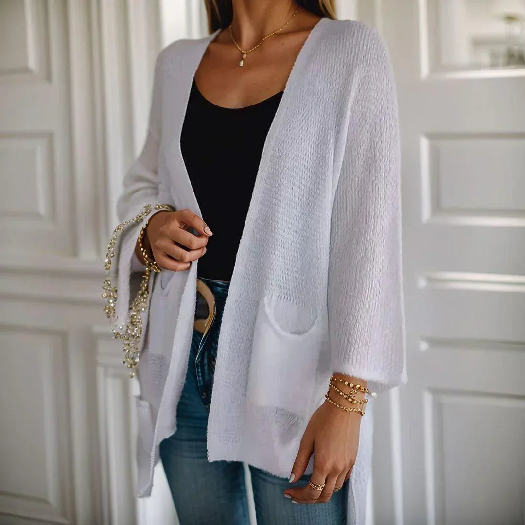 Crochet pocket cardigan in green, navy blue, khaki, white, beige, black and gray for women