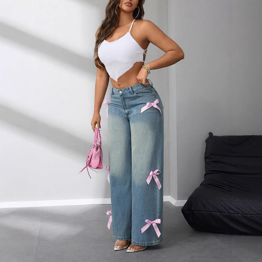 Bow ribbon wide leg jeans for women