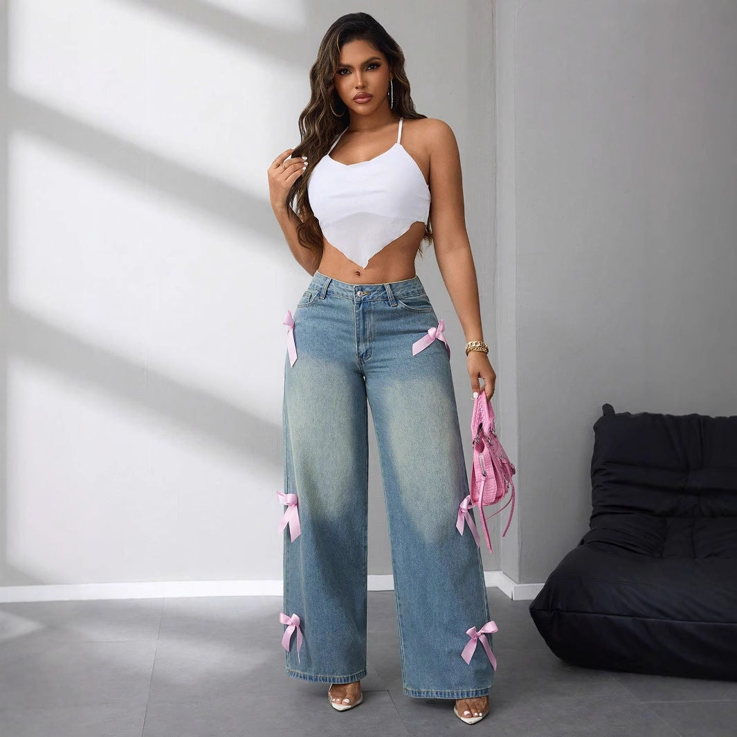 Bow ribbon wide leg jeans for women