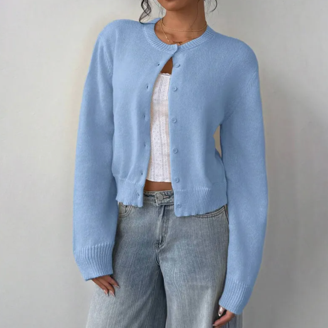 Cropped crew neck cardigan in white, black, light blue, red, yellow and gray for women