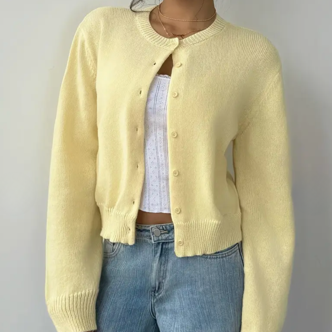 Cropped crew neck cardigan in white, black, light blue, red, yellow and gray for women