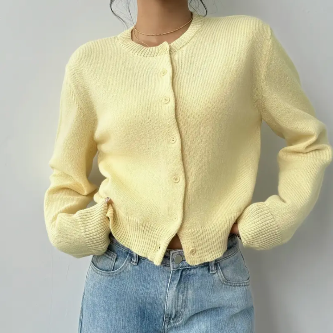 Cropped crew neck cardigan in white, black, light blue, red, yellow and gray for women