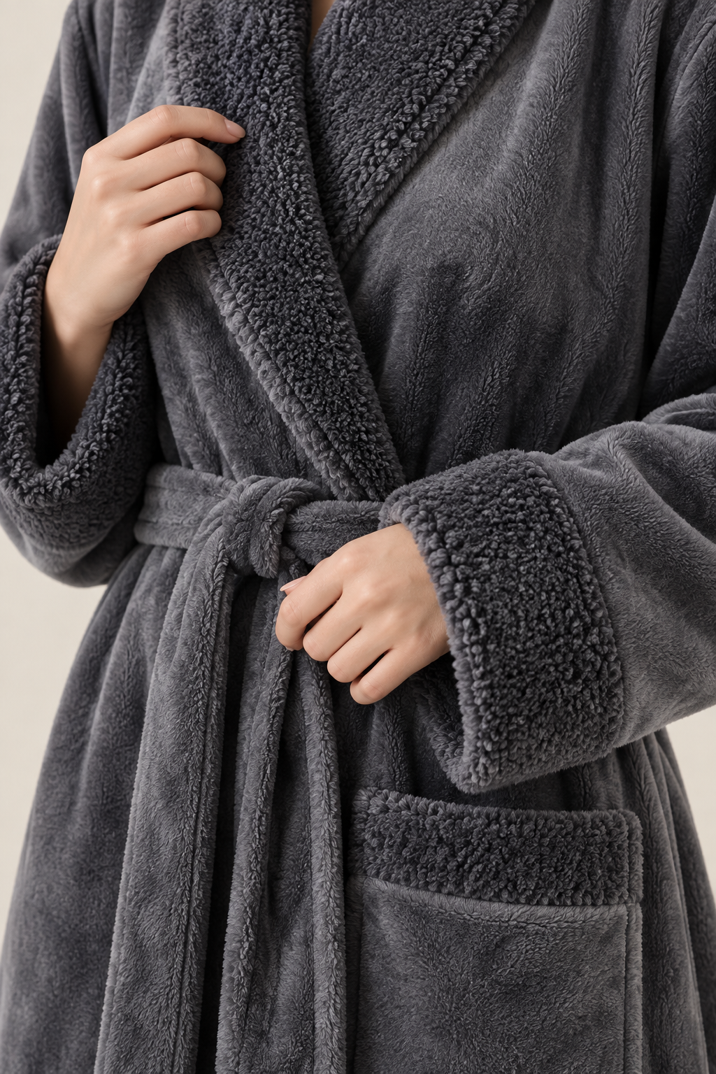 Sherpa-look trim plush robe for women