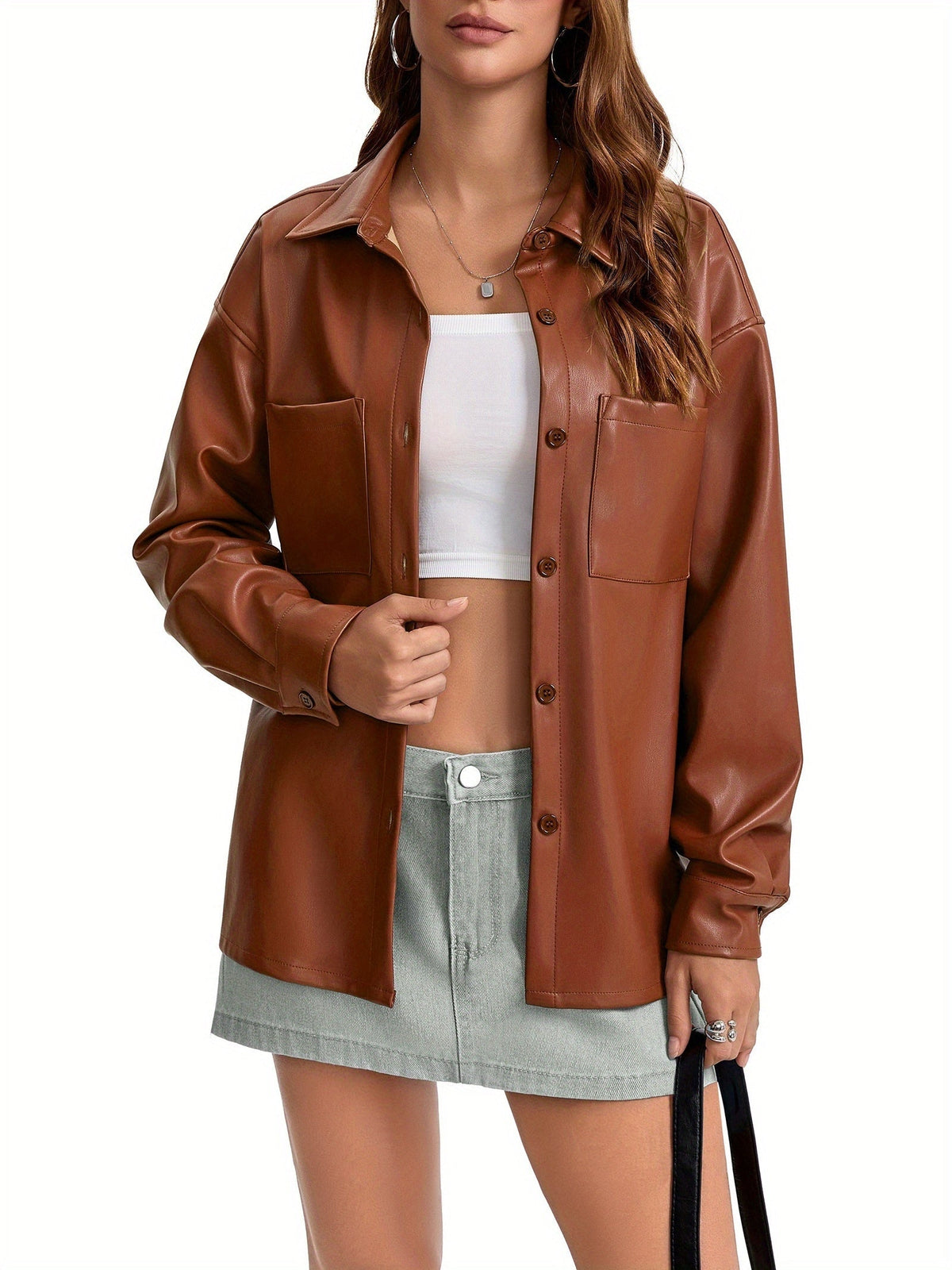 Leather-look shacket for women in brick red, light brown or black