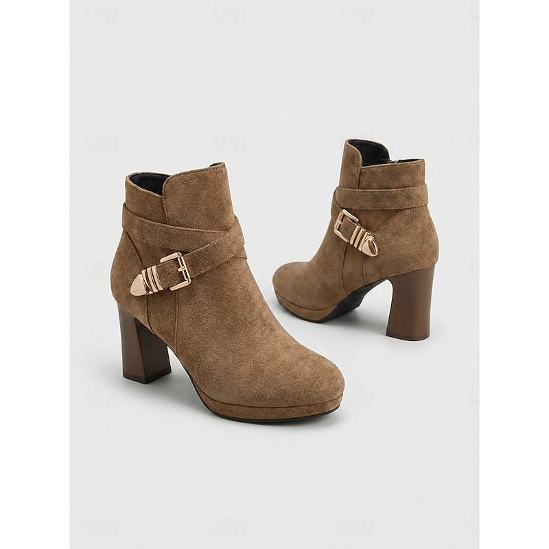 Suede-look block heel ankle buckle boots for women