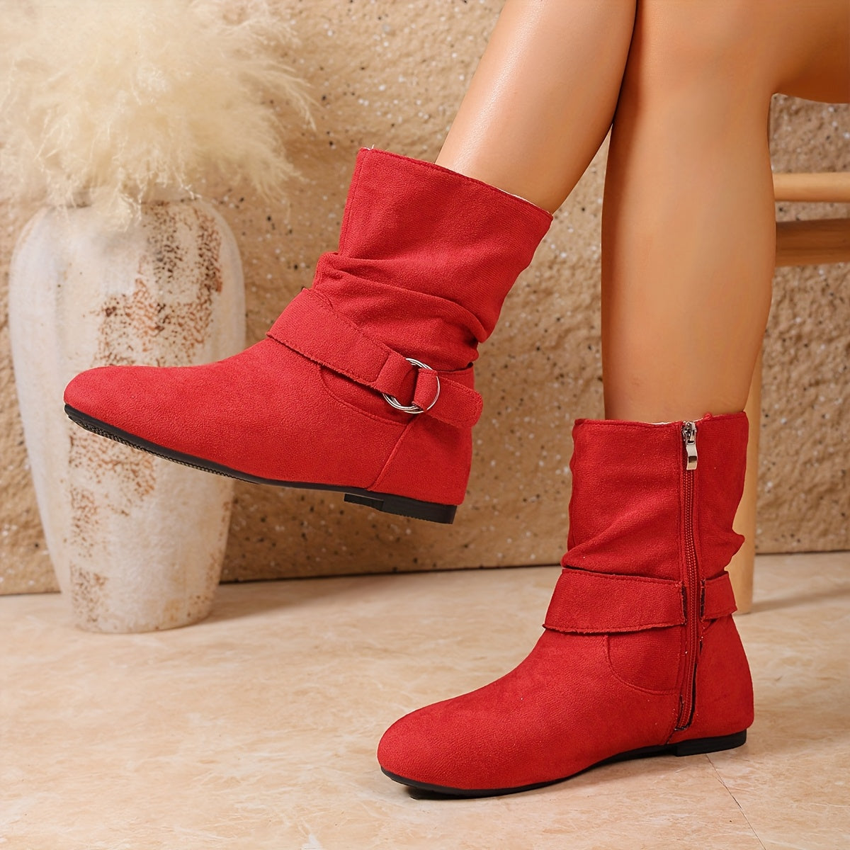 Slouchy flat suede-look buckle boots for women