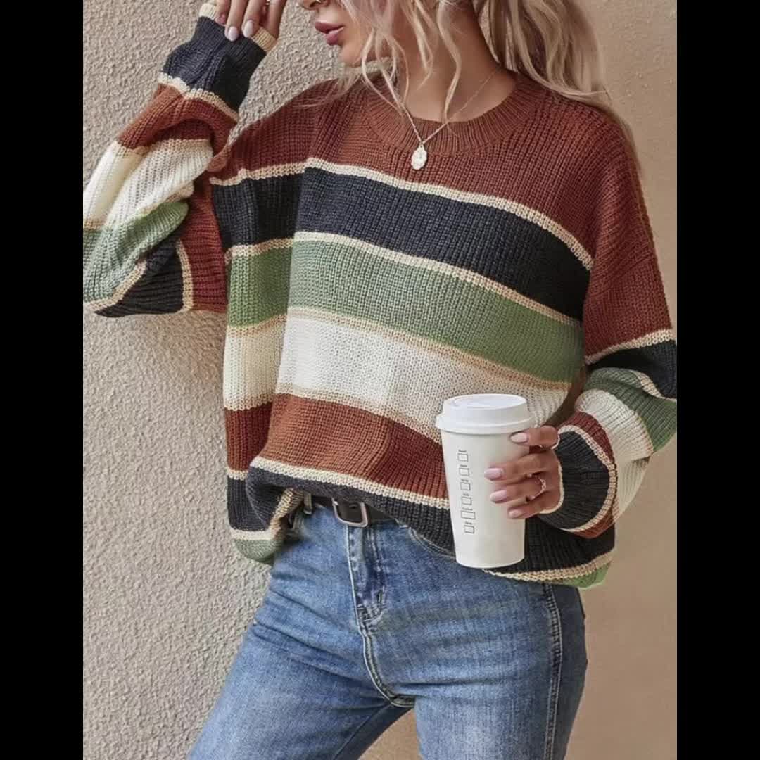 Striped color block sweater in burgundy, apricot and olive for women