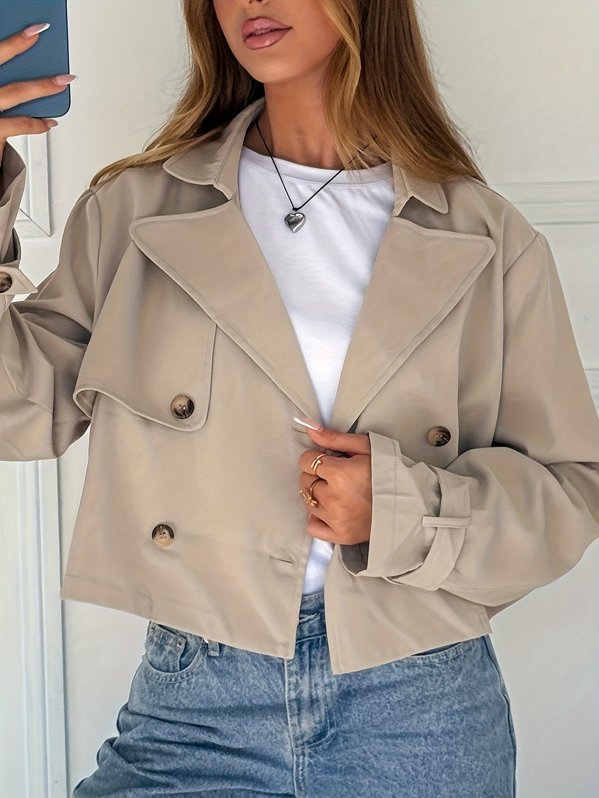 Flap pocket cropped pea coat for women