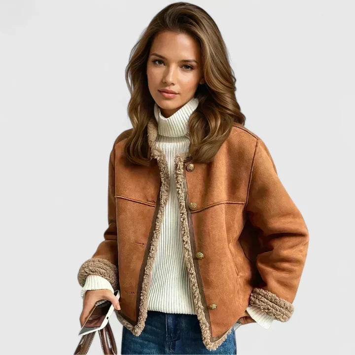 Suede-look jacket with sherpa trim in brown for women