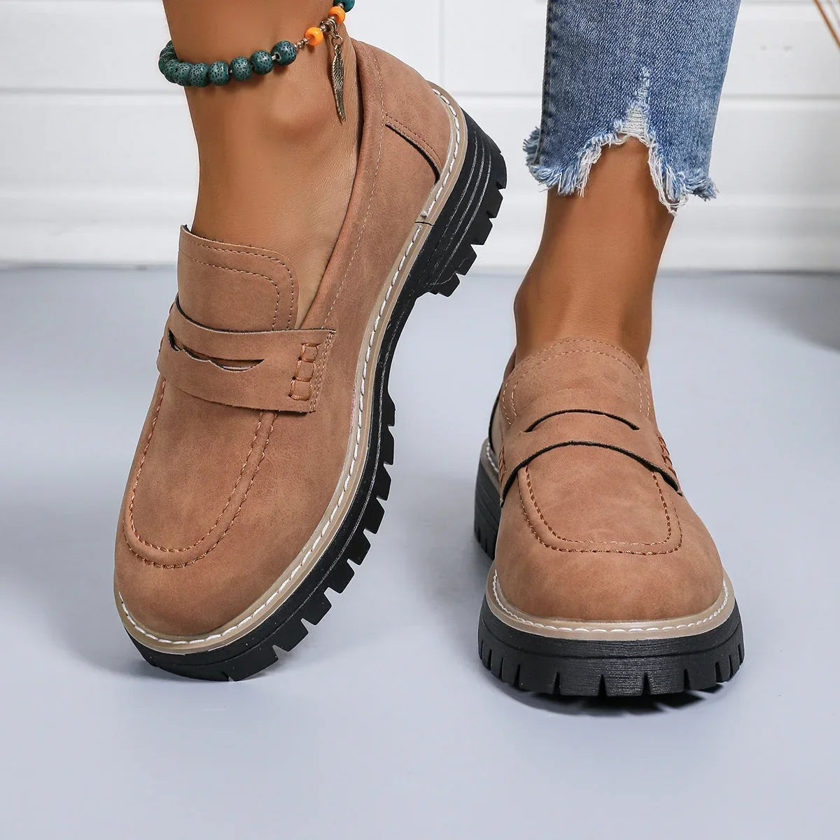 Wide fit suede-look chunky loafers for women