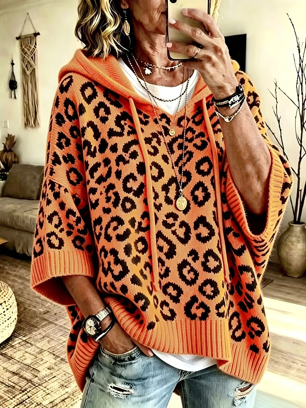 Oversized leopard batwing knit hoodie for women