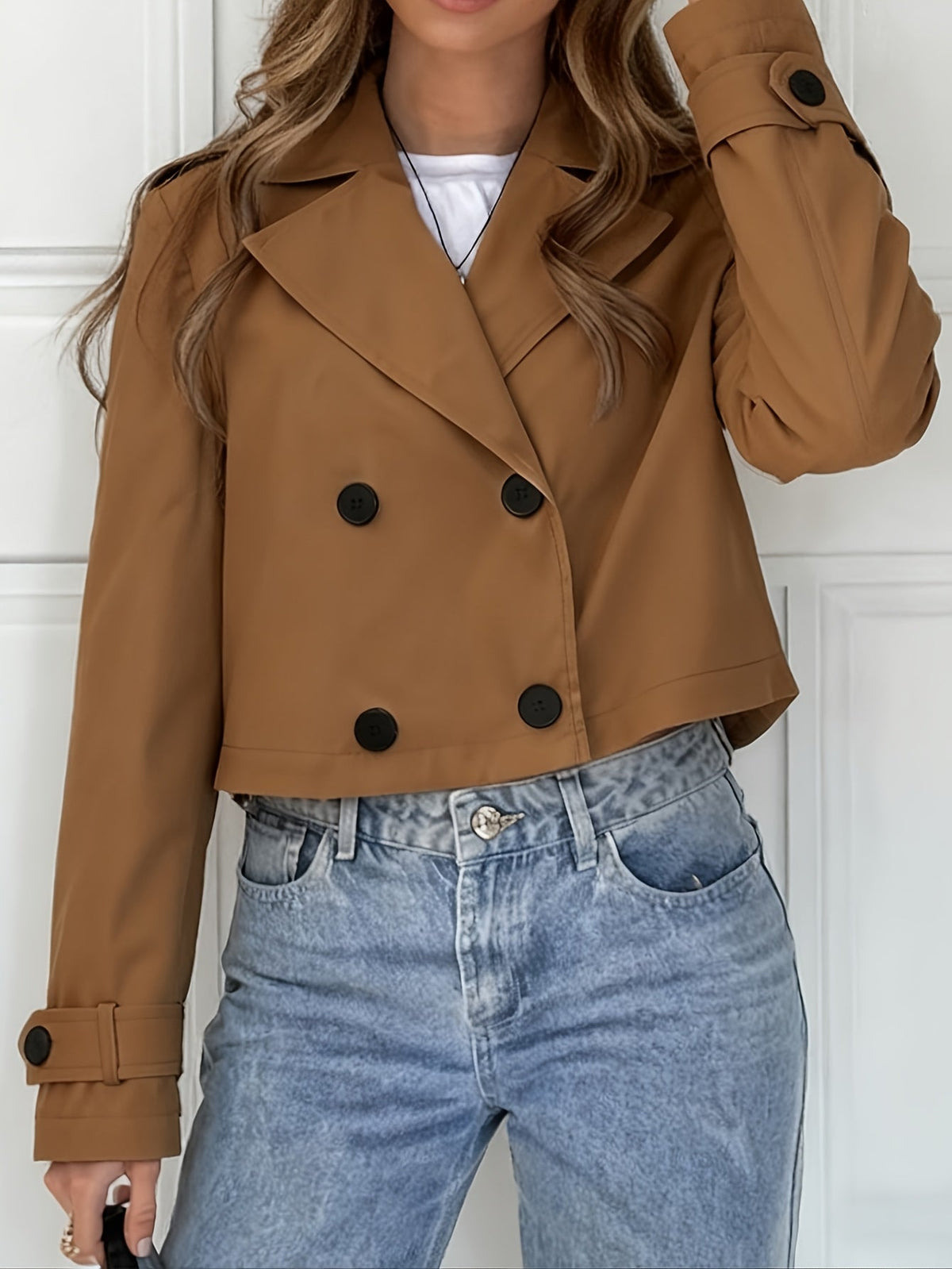 Button tab cropped pea coat for women