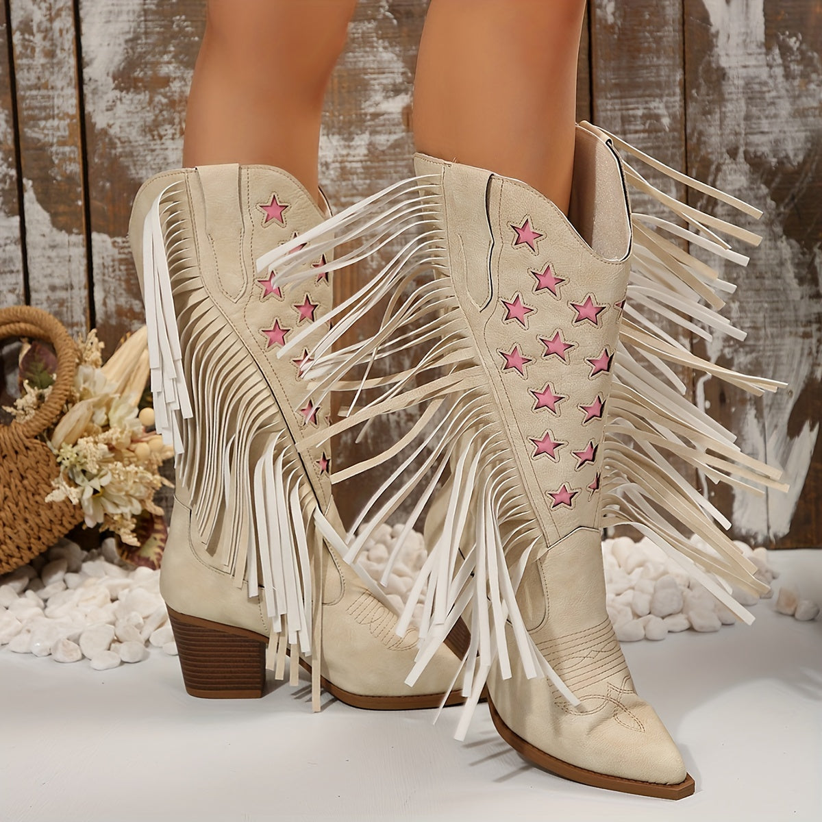 Beige knee-high fringe cowboy boots for women