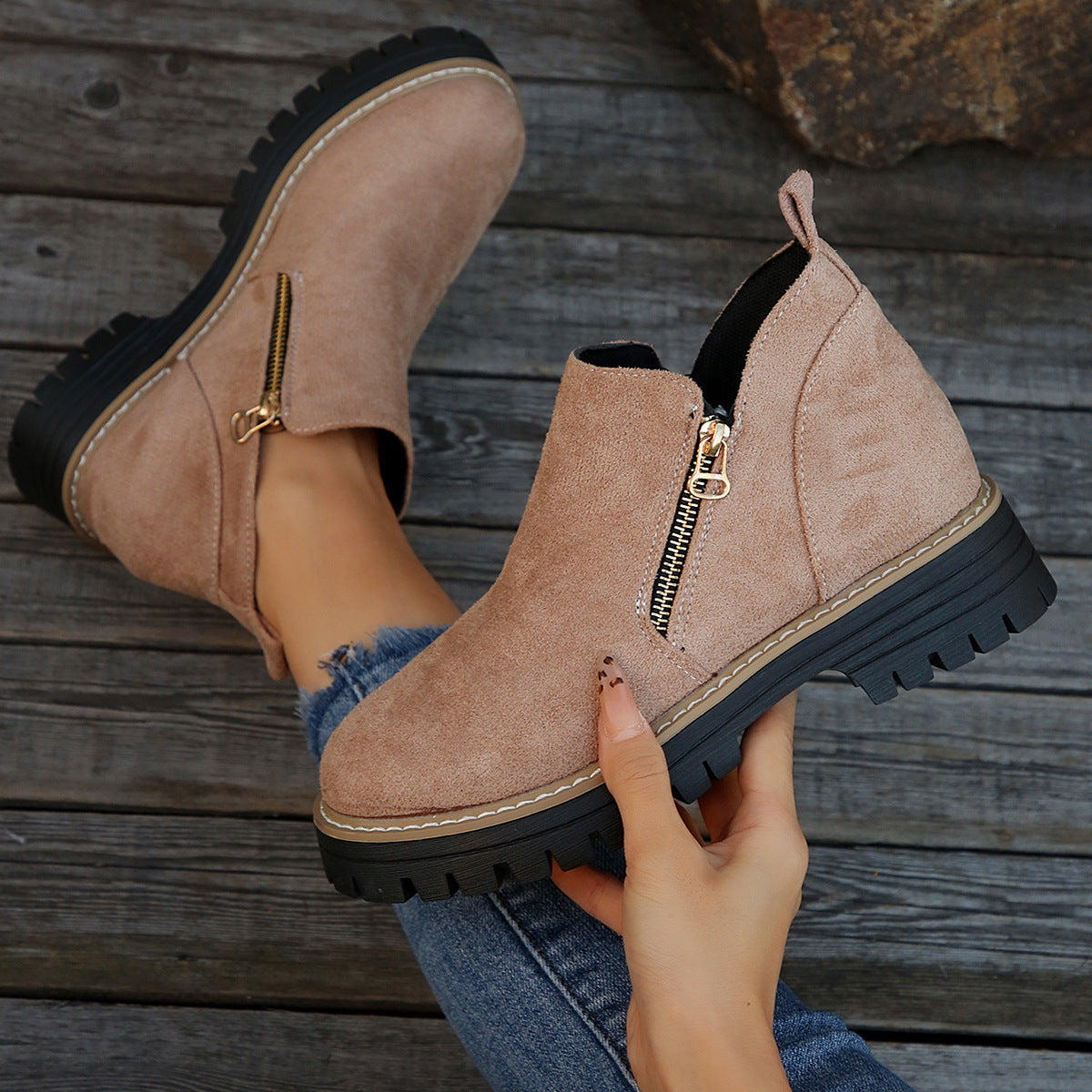 Side zip platform ankle boots for women