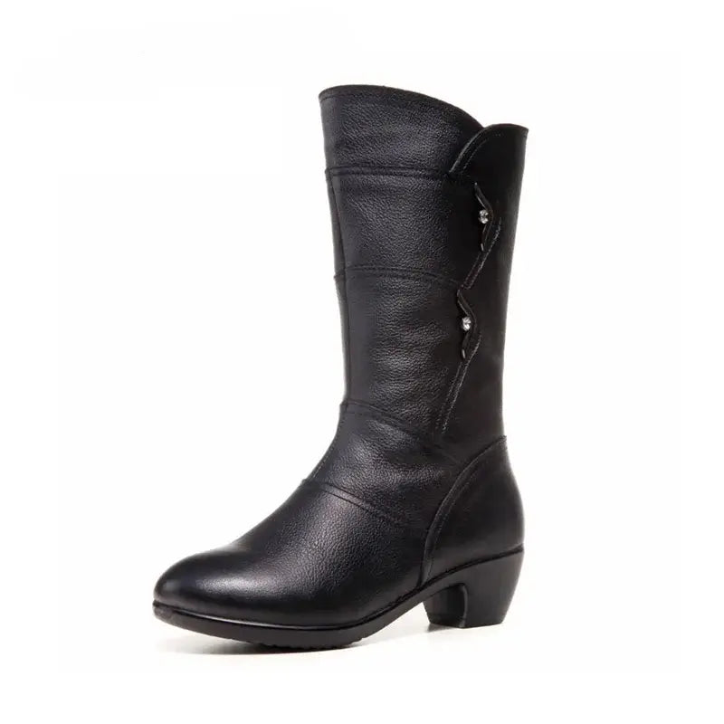 Black embellished pointed toe mid-calf boots for women