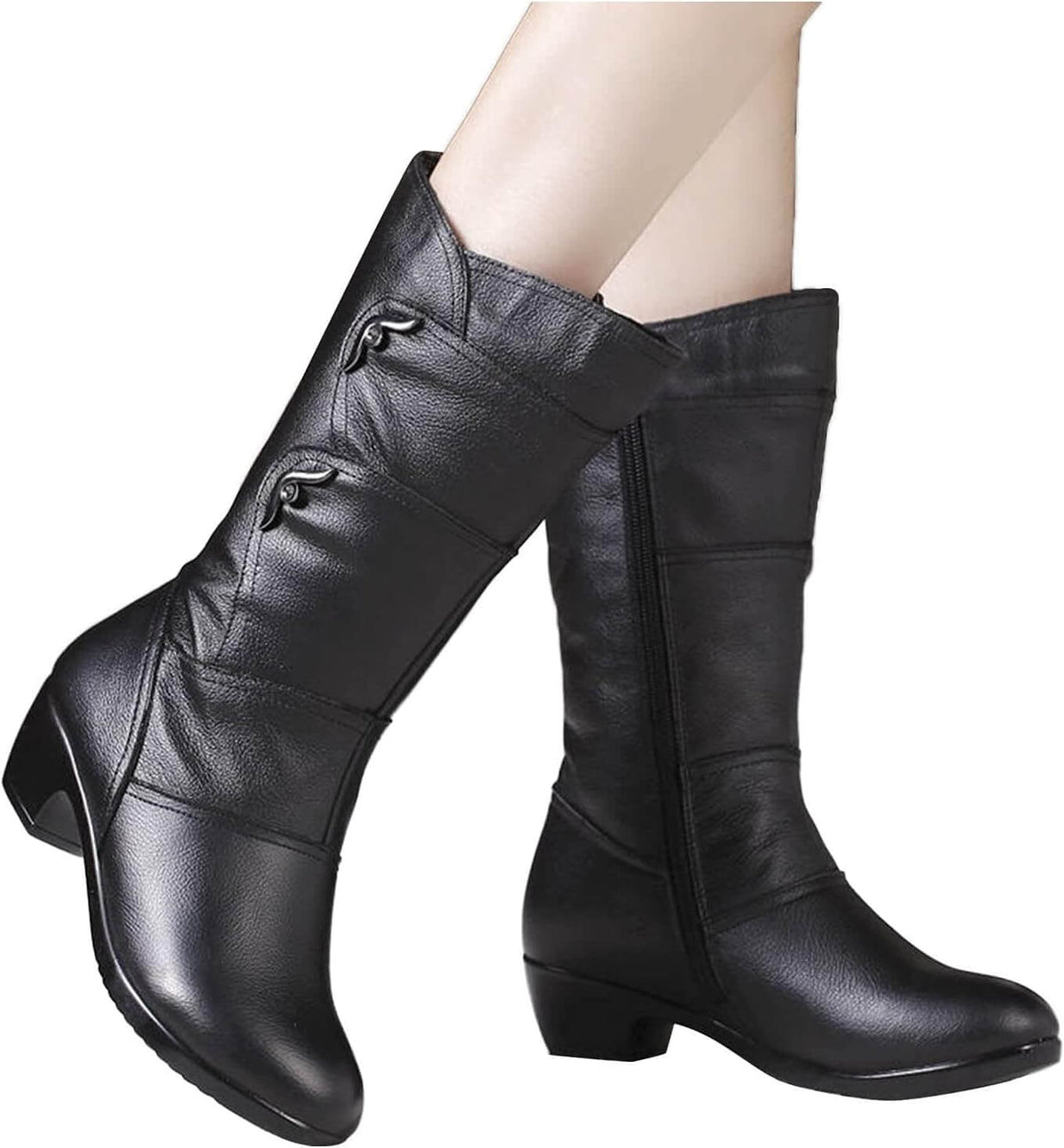 Black embellished pointed toe mid-calf boots for women