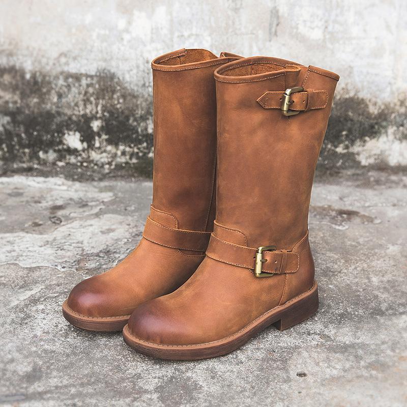 Buckle mid-calf riding boots for women