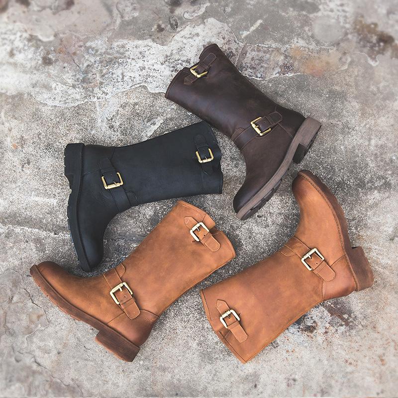 Buckle mid-calf riding boots for women