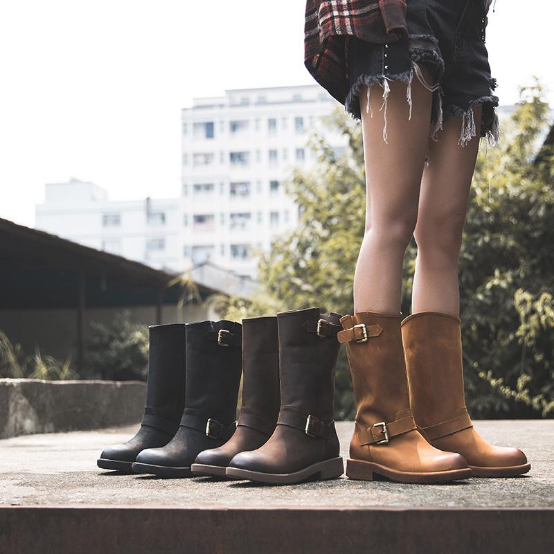 Buckle mid-calf riding boots for women