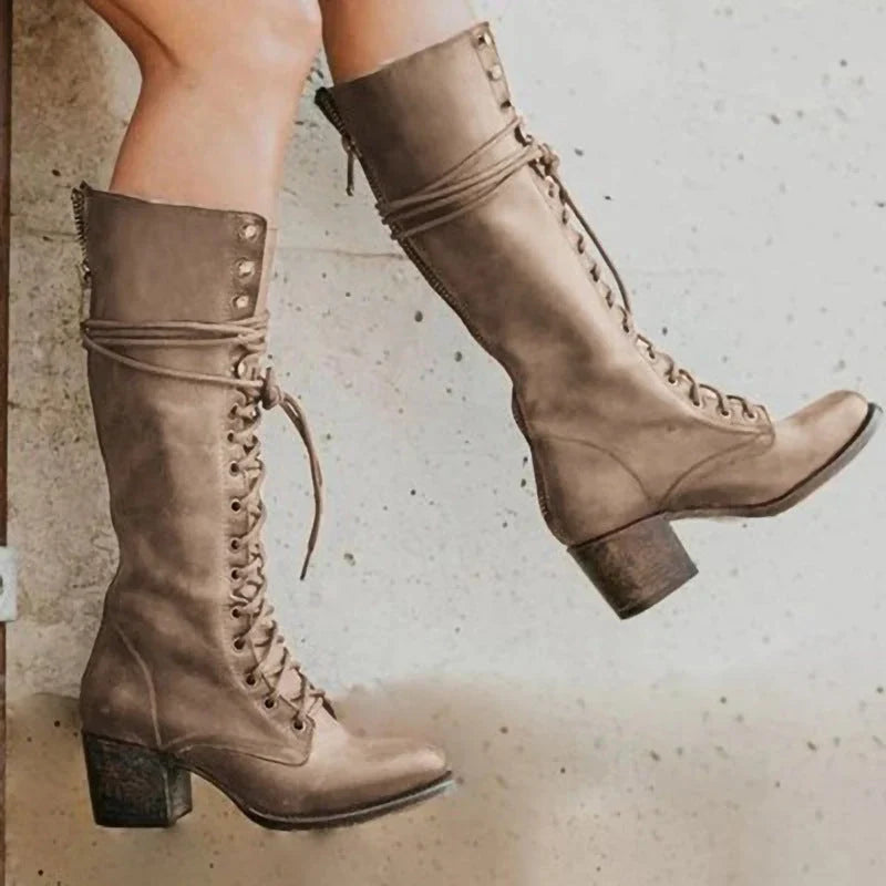 Lace-up knee-high boots in black, gray, brown or khaki for women