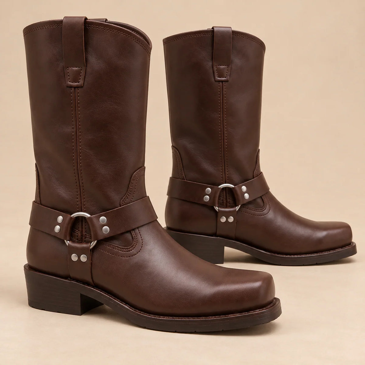 Square heel mid-calf biker boots for women