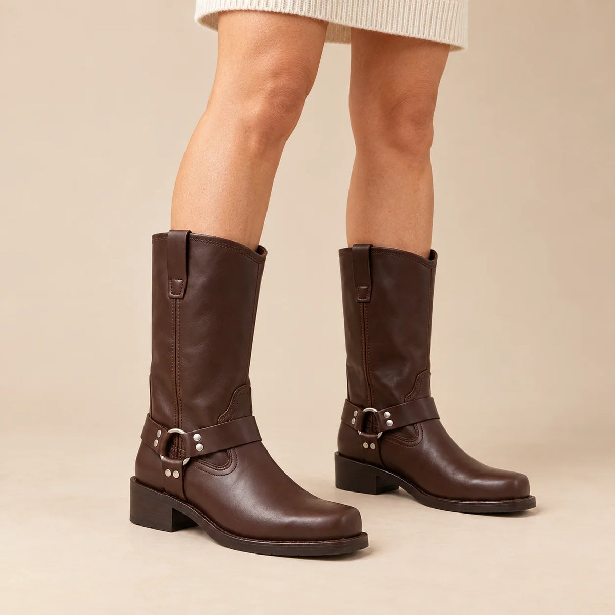 Square heel mid-calf biker boots for women