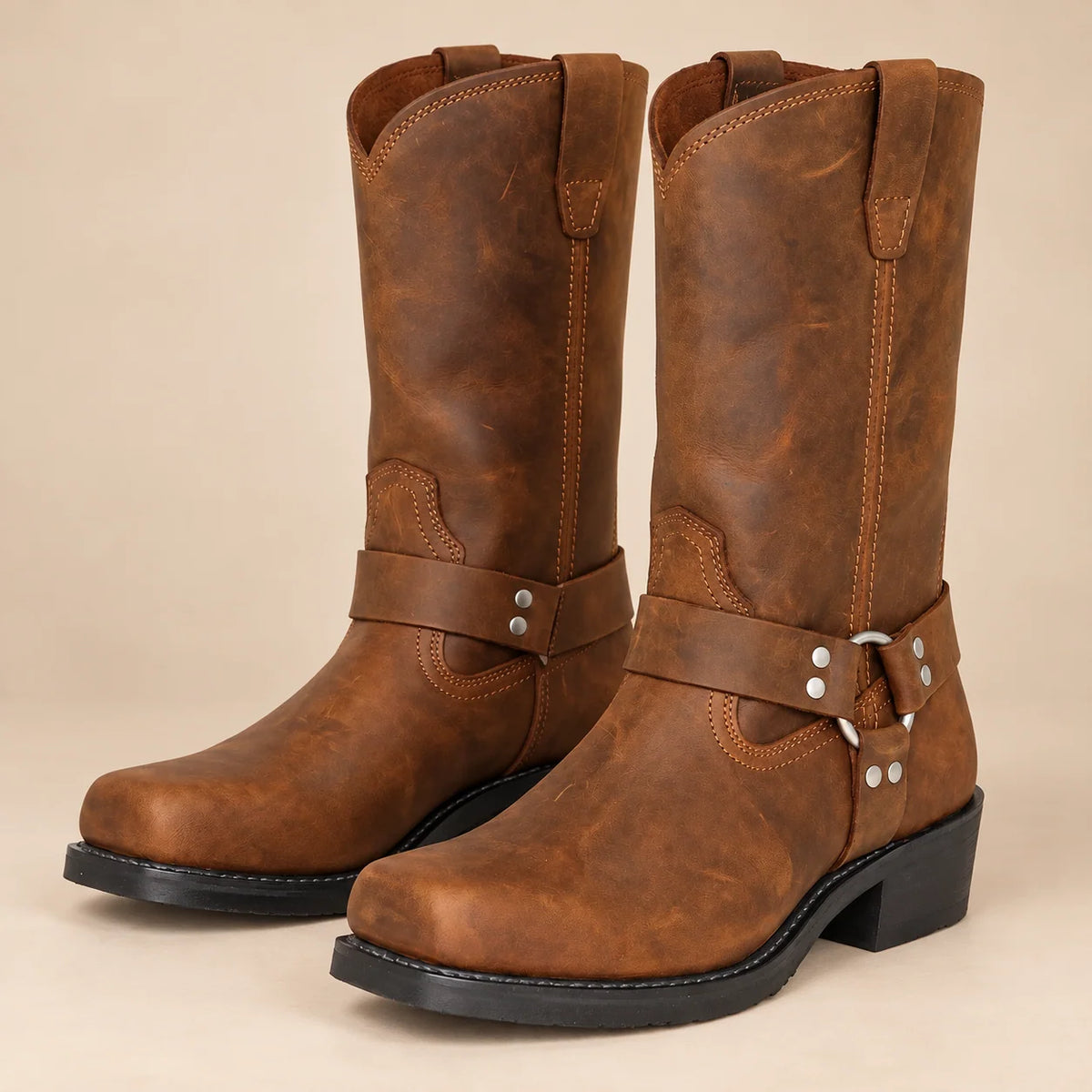 Square heel mid-calf biker boots for women