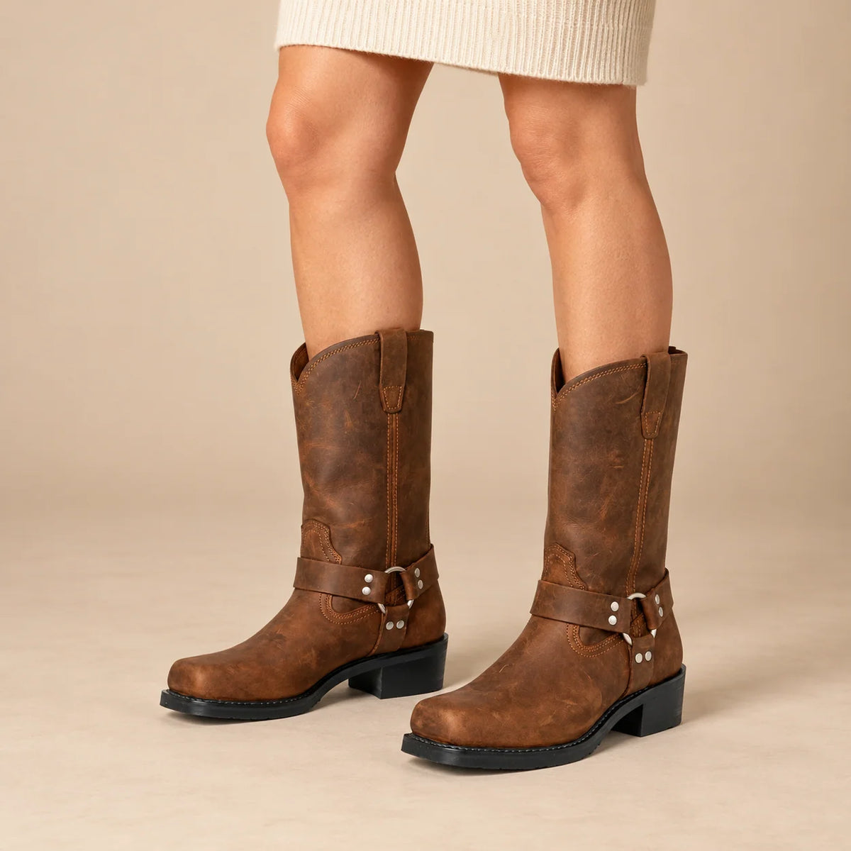 Square heel mid-calf biker boots for women