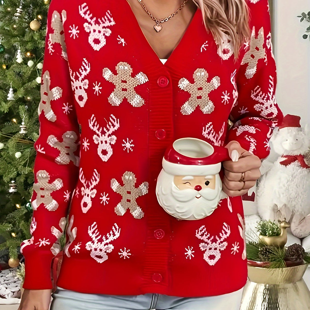 Red sequin Christmas cardigan with button front for women