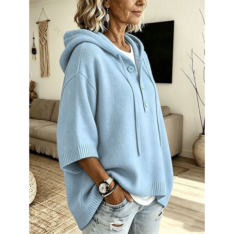 Oversized button hooded knit sweater for women