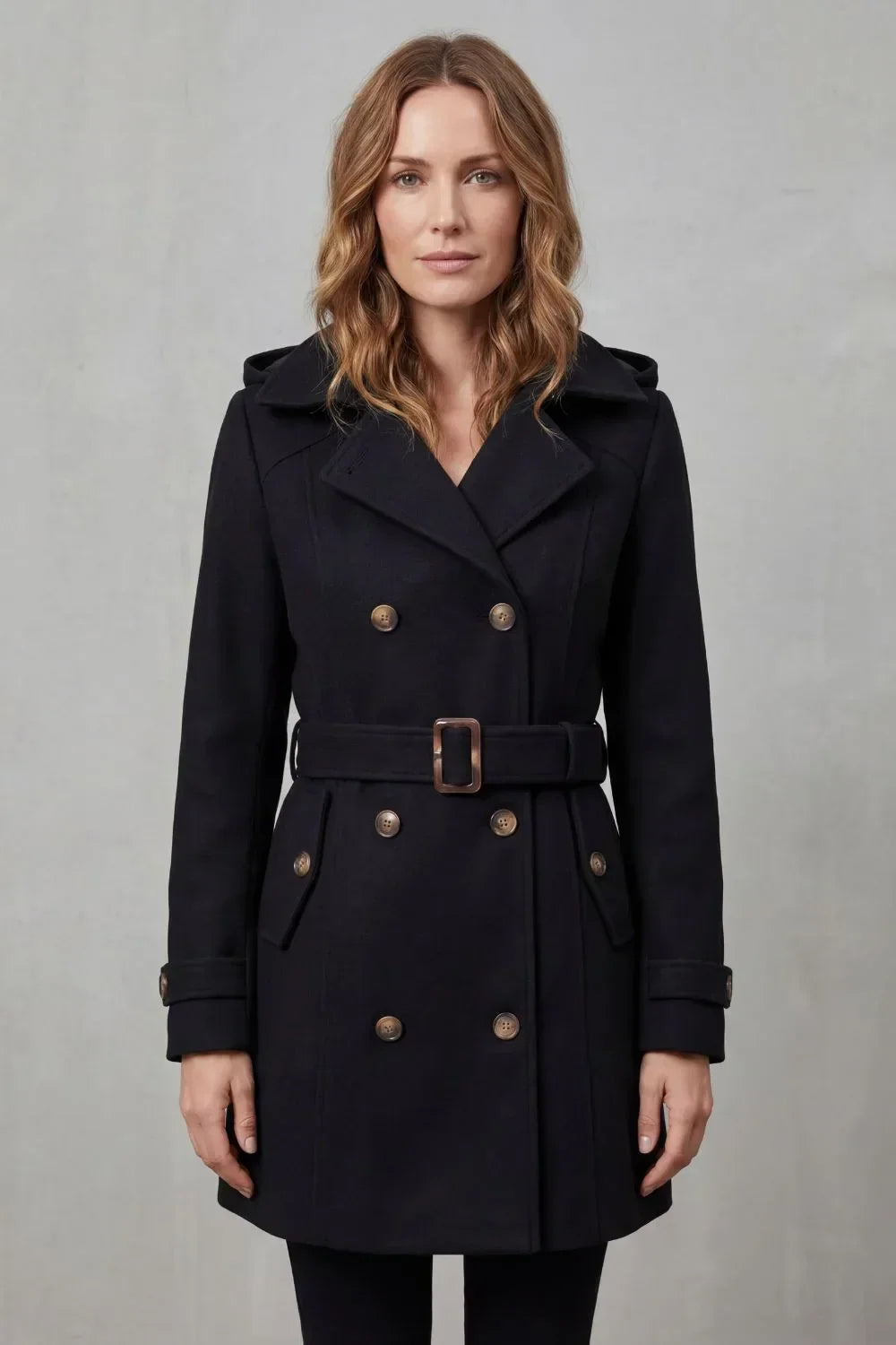 Hooded double-breasted trench belted coat for women