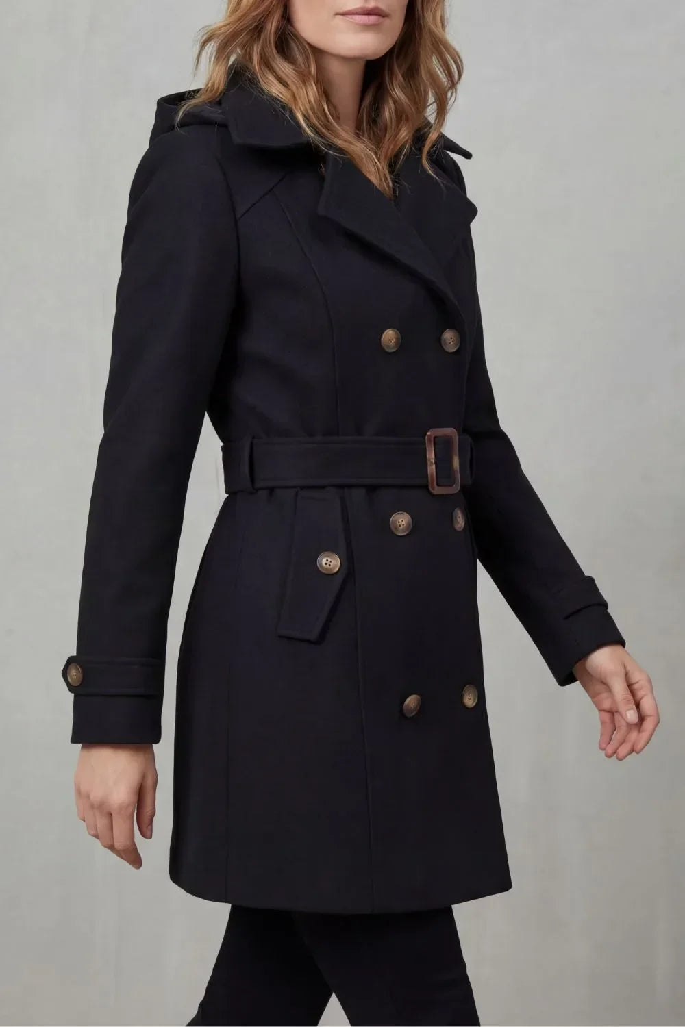 Hooded double-breasted trench belted coat for women