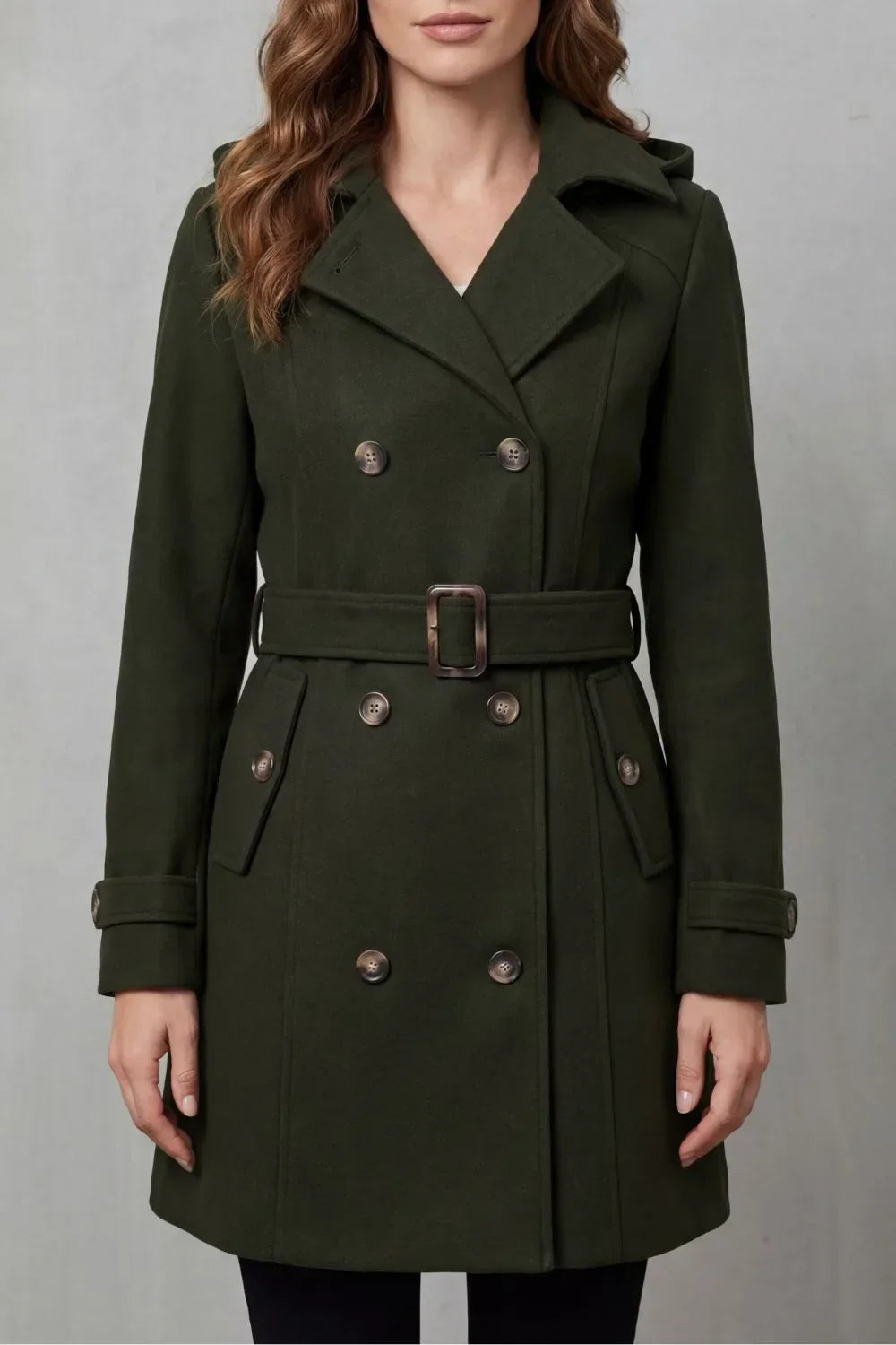 Hooded double-breasted trench belted coat for women