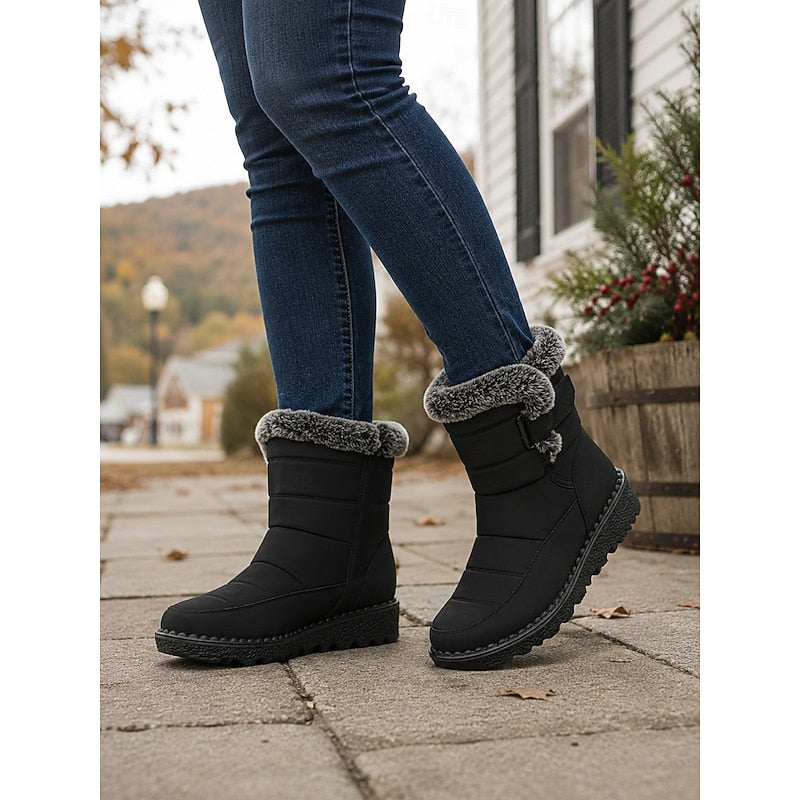 Waterproof fur collar buckle snow boots for women