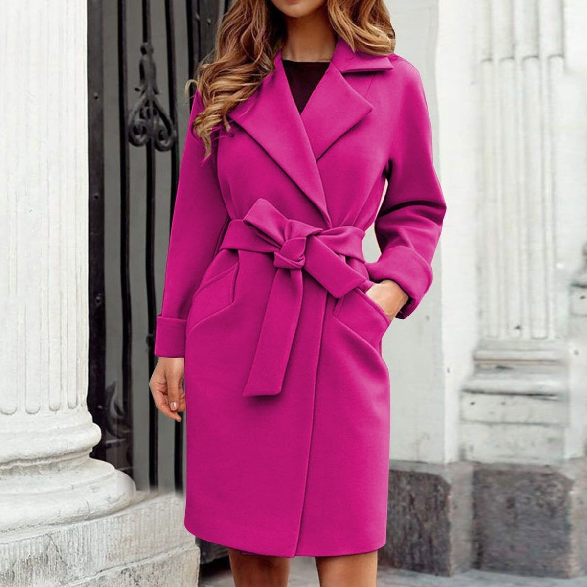 Bow tie wrap belted coat for women