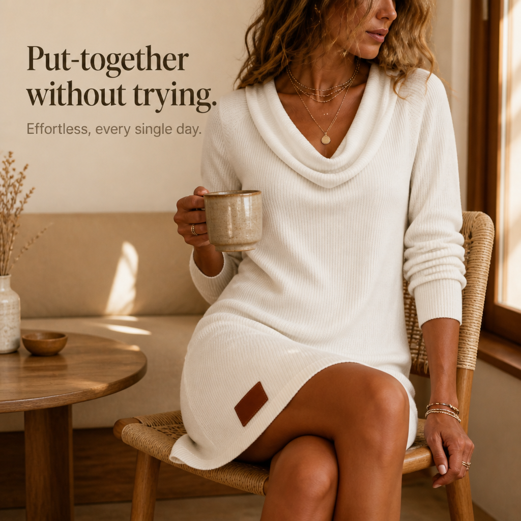 Cowl neck ribbed sweater dress for women