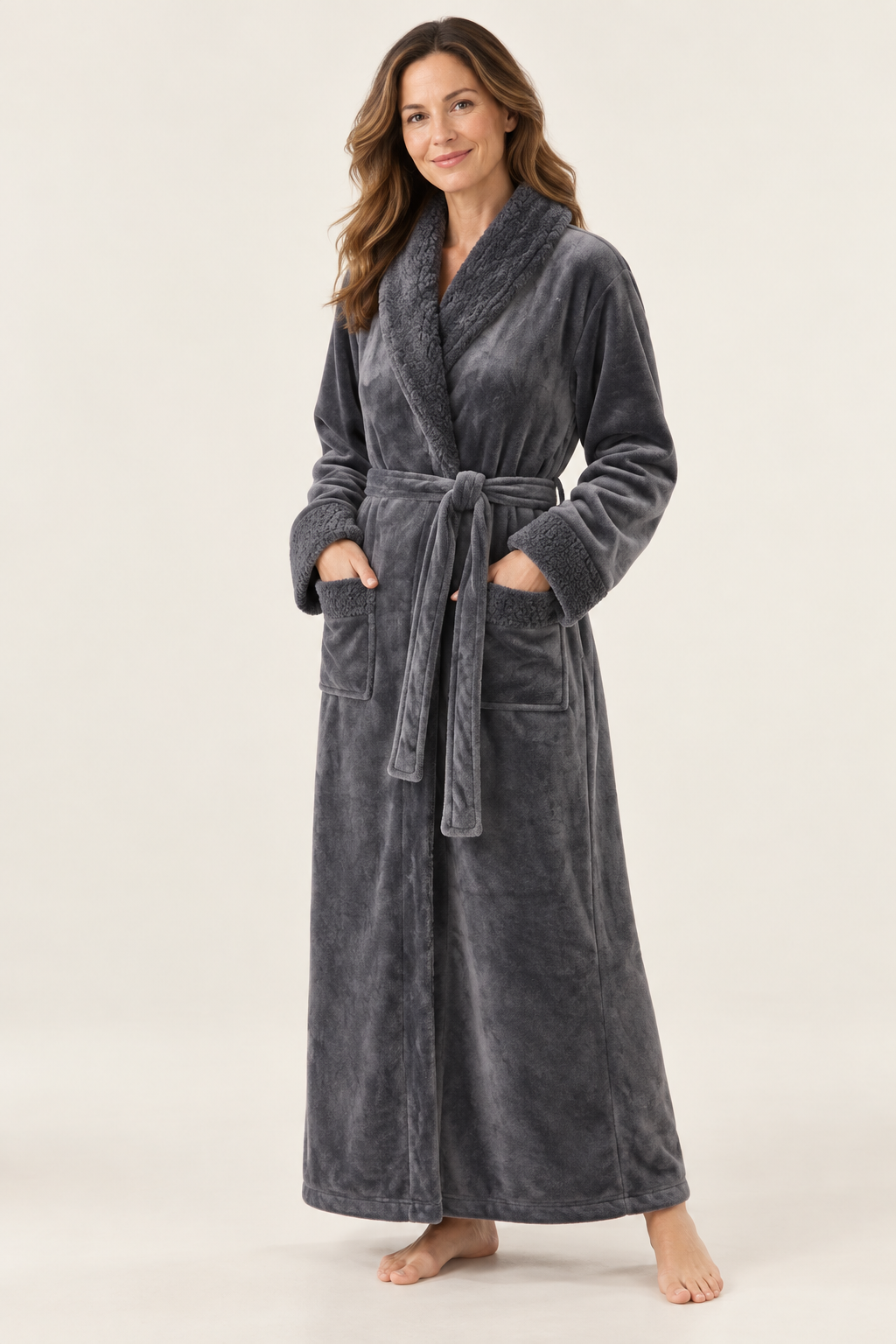 Sherpa-look trim plush robe for women