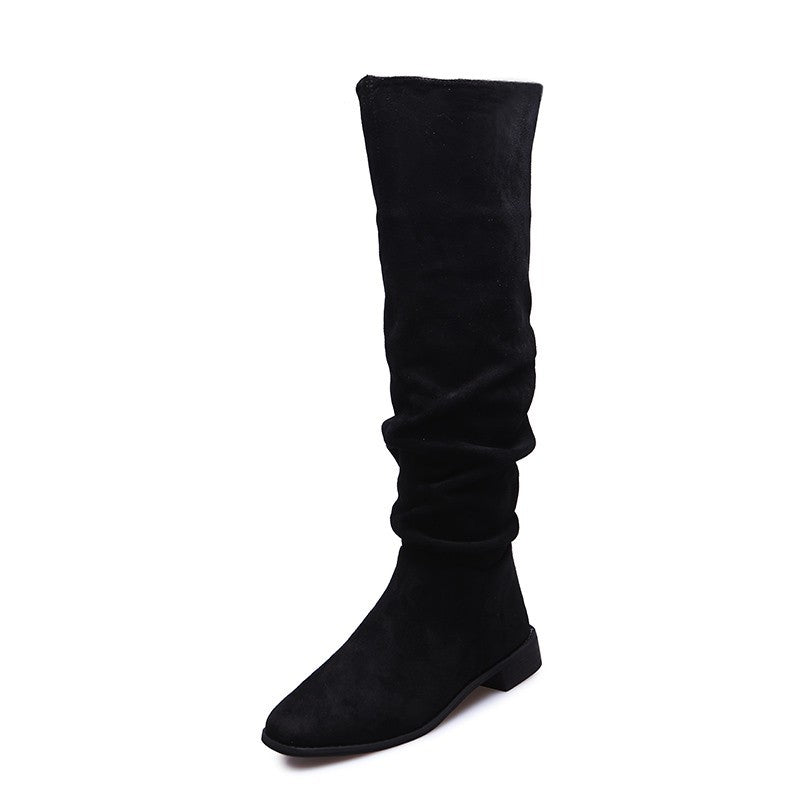 Suede-look flat knee-high slouch boots for women