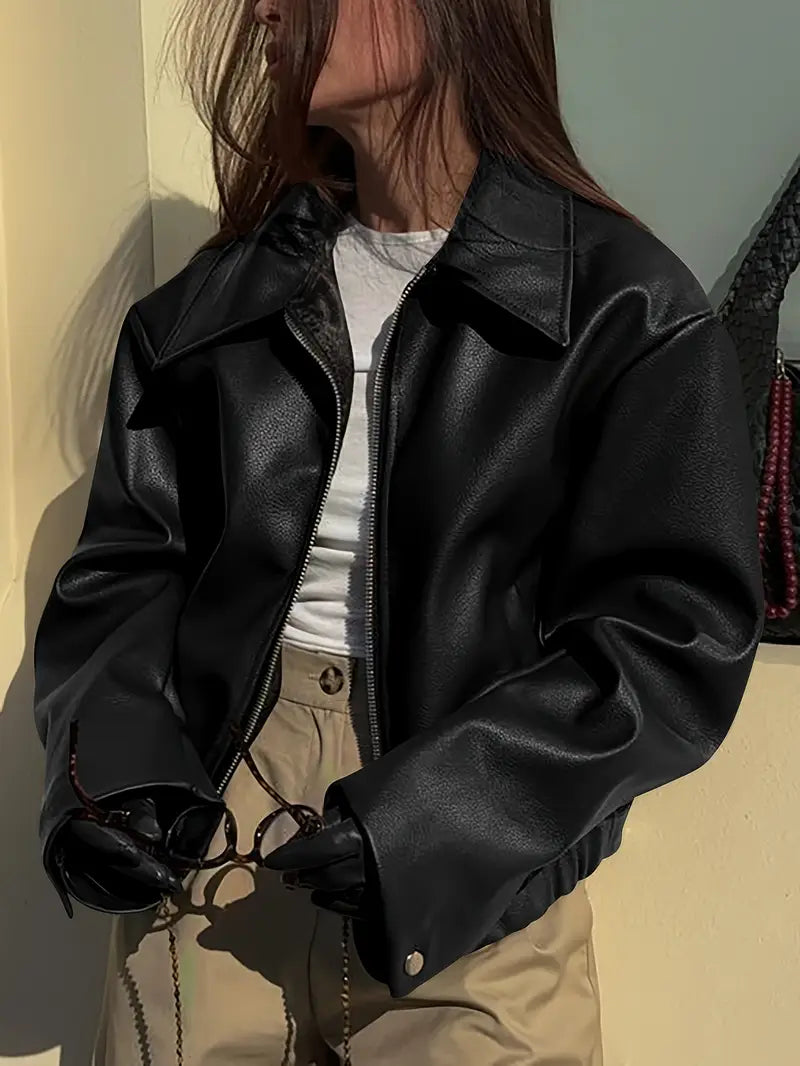 Cropped faux leather jacket for women in burgundy, black, maroon or dark brown