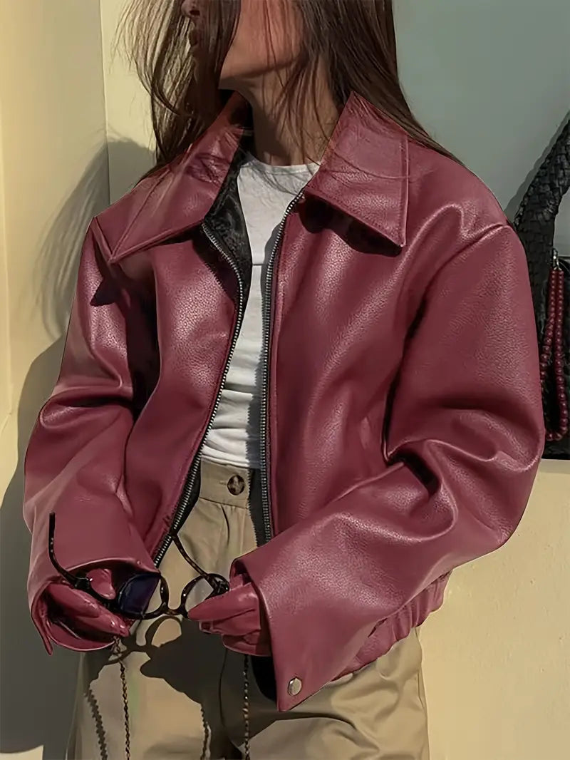 Cropped faux leather jacket for women in burgundy, black, maroon or dark brown