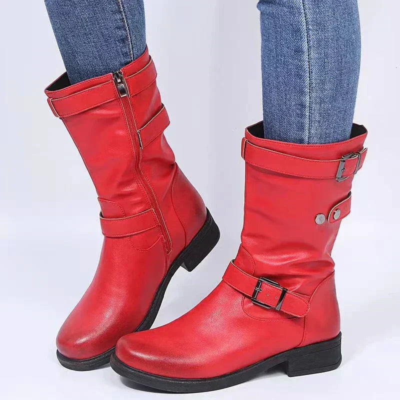 Side-zip mid-calf triple buckle boots for women