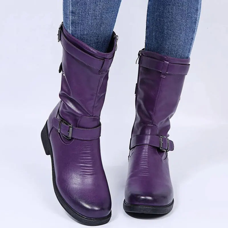 Side-zip mid-calf triple buckle boots for women