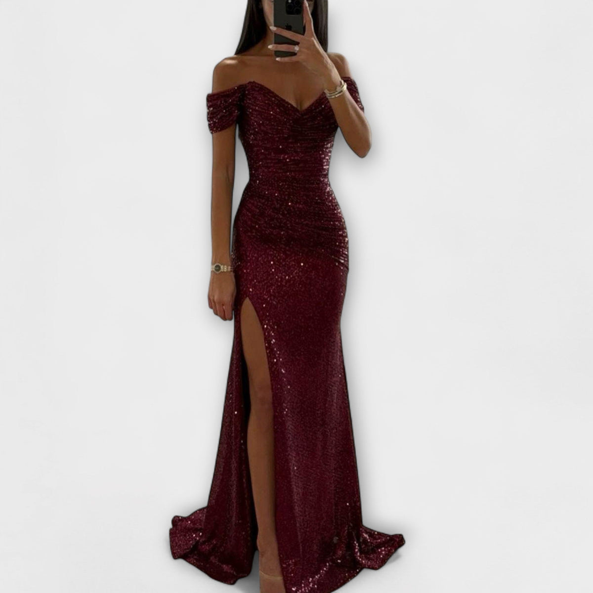 Off-shoulder sequin maxi dress with high slit for women