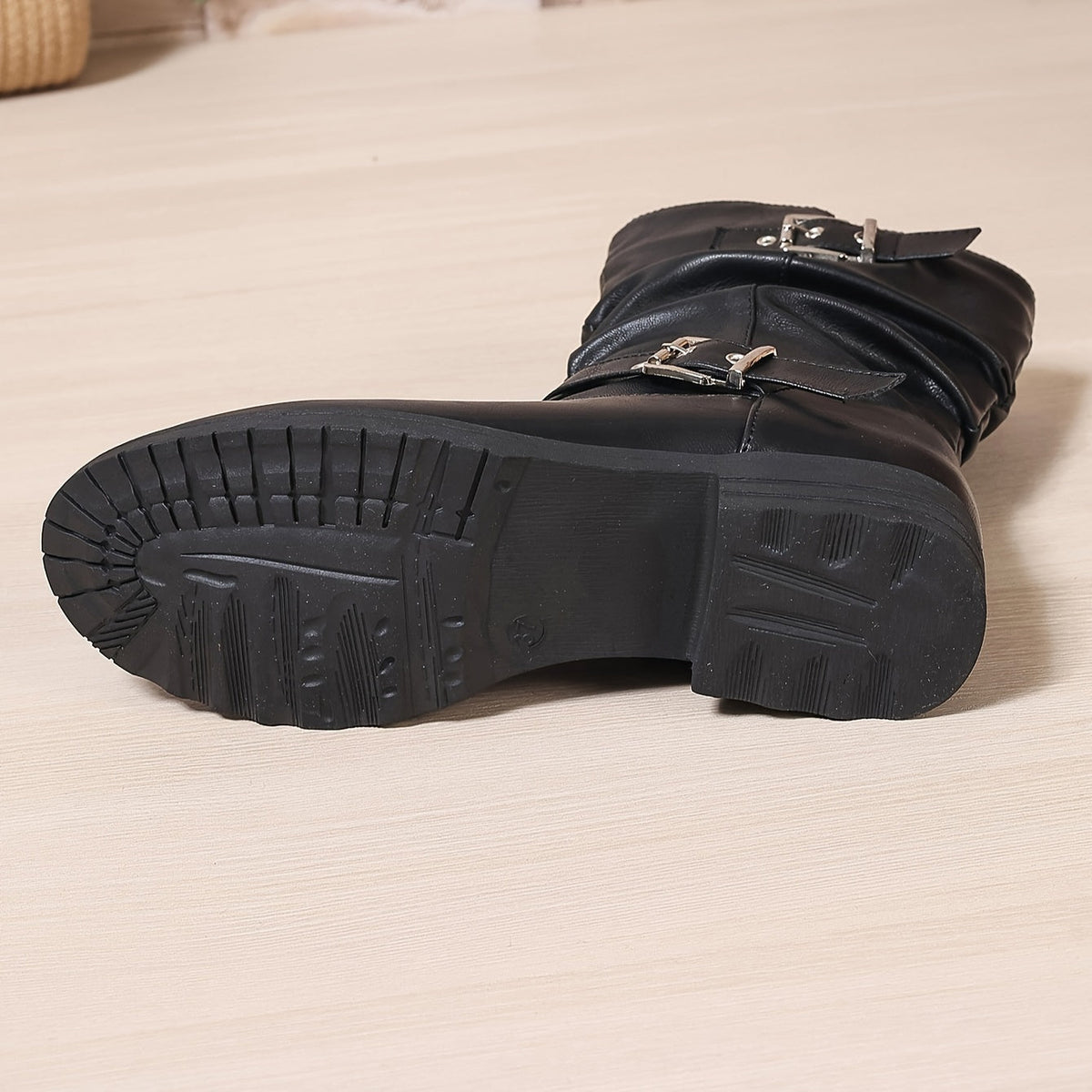 Black slouchy mid-calf double buckle boots for women