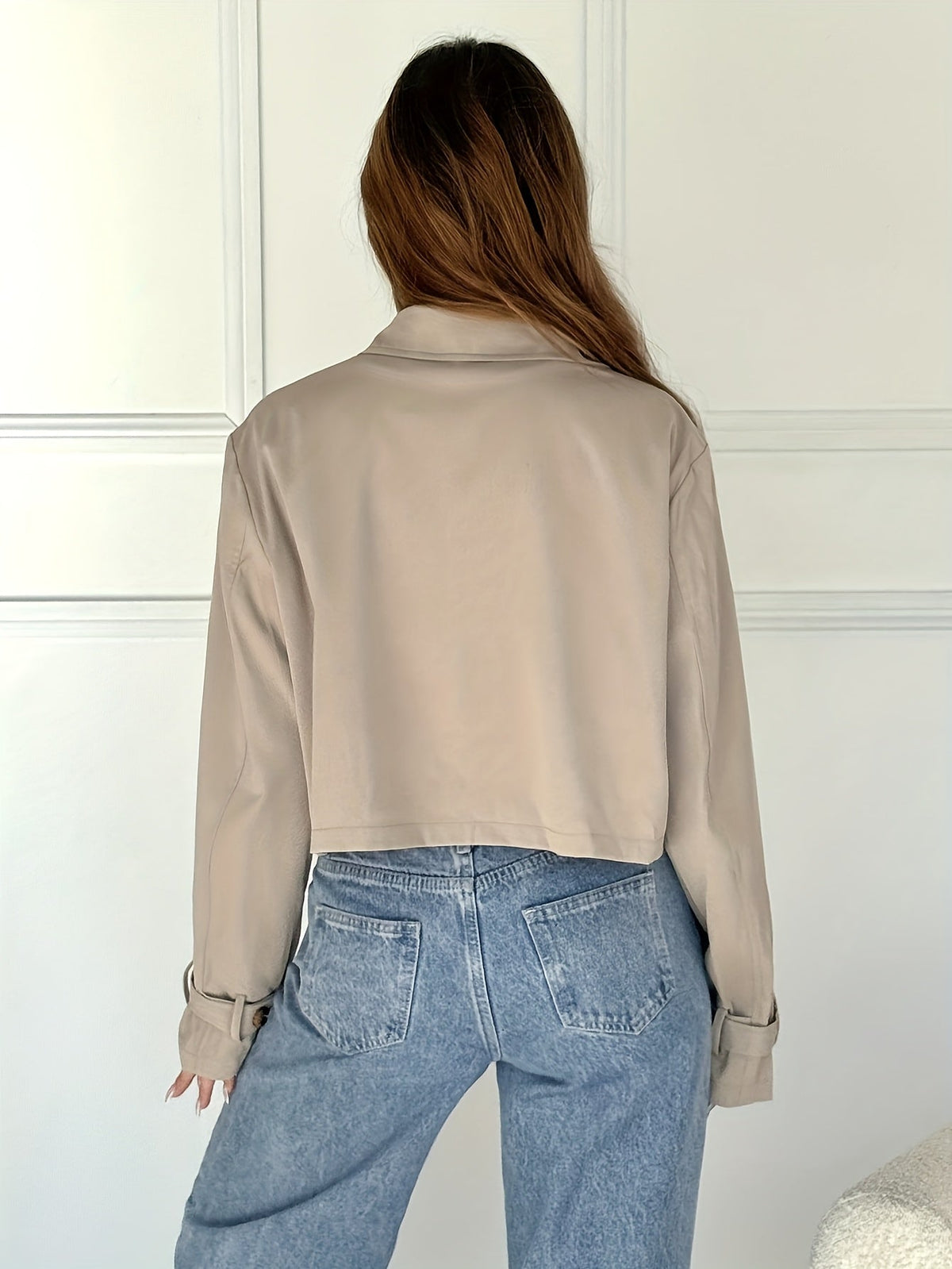 Flap pocket cropped pea coat for women
