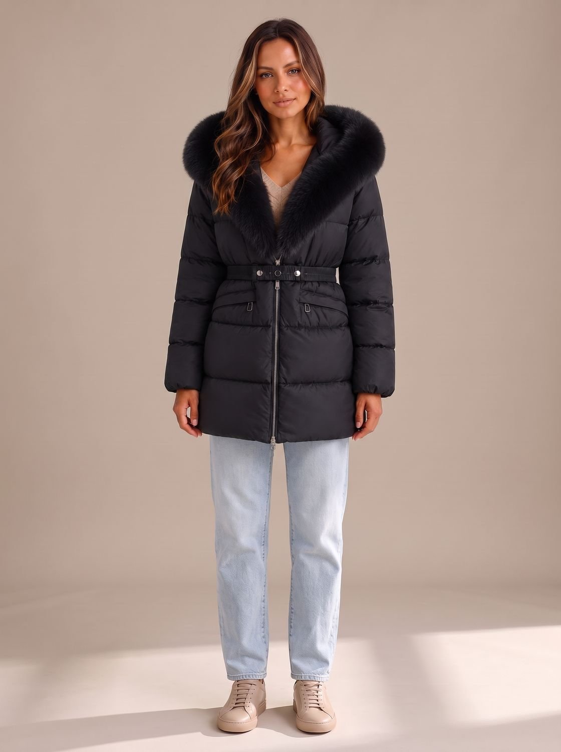 Faux fur collar belted jacket for women